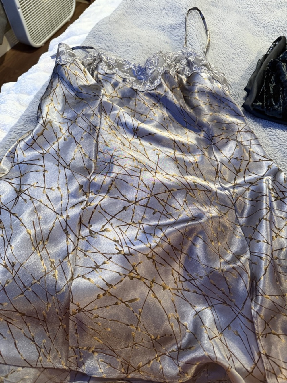 Victoria's Secret Silver Satin Chemise with Gold Branch Print